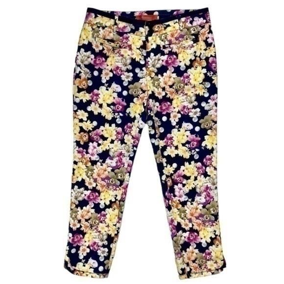 Anthropologie Cartonnier Pants Womens Sz 8 Navy Blue Floral Print Ankle Trousers - Picture 2 of 13